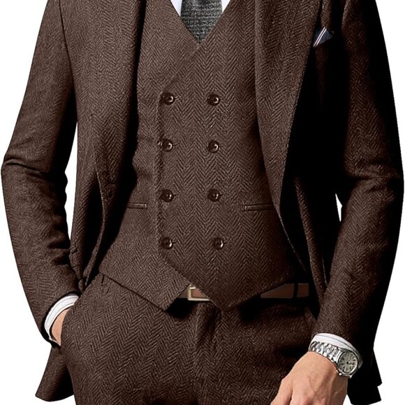 Men's Retro Herringbone Tweed Suit 3 Piece Set - Perfect for Weddings & Proms - Picture 1 of 6